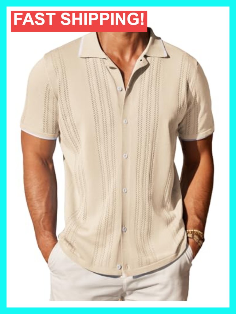 Men's Knit Button Down Shirt Short Sleeve Casual Polo Beach Tops